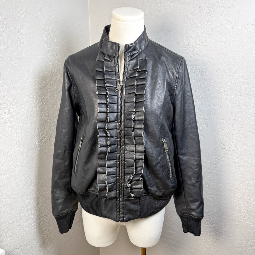 Evy’s Tree “The Zoe” Black Ruffle Moto Jacket Faux Leather Zip Front Size S